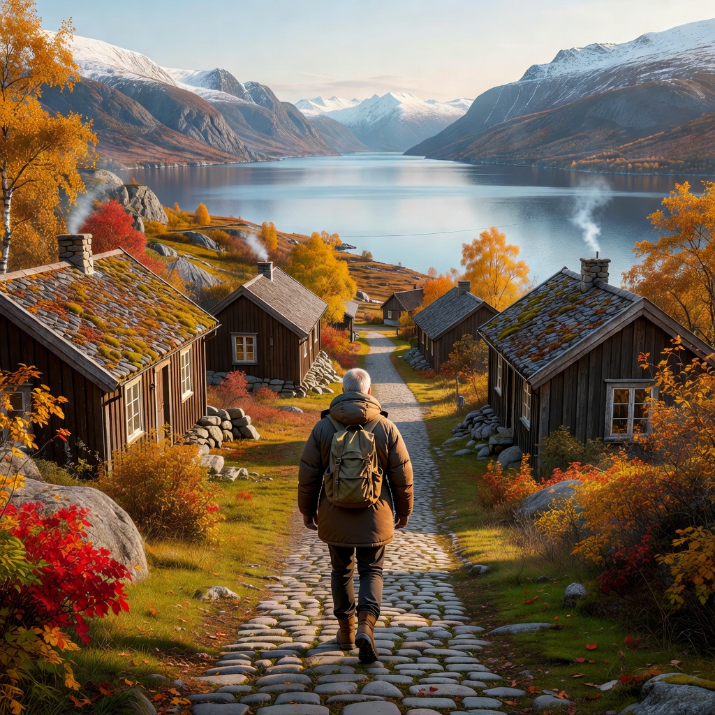 Traveller in a warm jacket walking a fjord village lane in autumn daylight