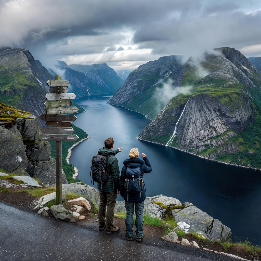 Two travellers standing at a signed roadside viewpoint above a Norwegian fjord