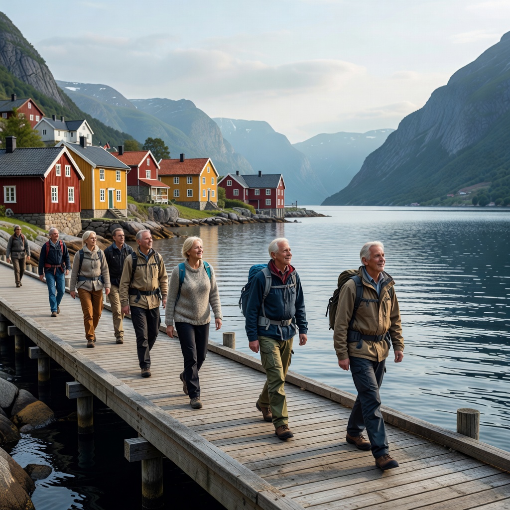 Travellers walking along a public village quay beside a Norwegian fjord in soft daylight
